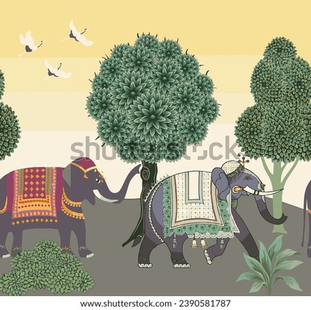 Seamless pattern with Indian elephants with palm tree and decorative elements. Vector