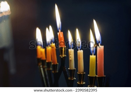Traditional religion symbol of Jewish holiday Hanukkah with Hanukkiah menorah burning candles
