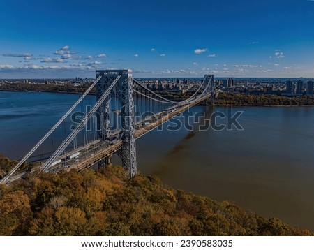 An aerial view of the George Washington Bridge from the New Jersey side entrance on a sunny day.