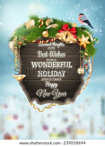 Wooden banner with Christmas Fur-tree branches. EPS 10 vector file included