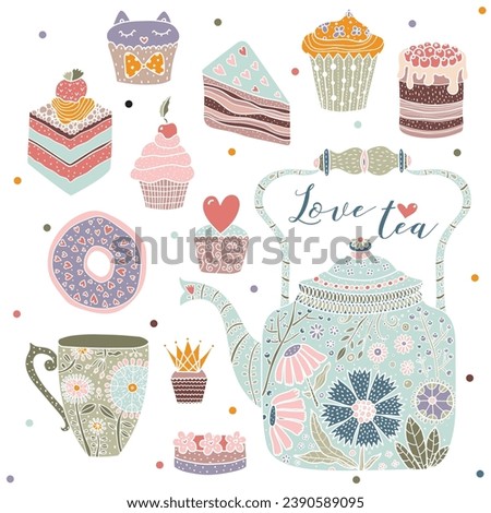 Vintage set with teapot, cup and cakes. Tea party. Vector illustration.
