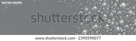 Template of panoramic banner with realistic  pure water drops frame on transparent background. Header with 3d shiny dew, water blobs. Vector billboard with rain droplets or aqua splashes overlay