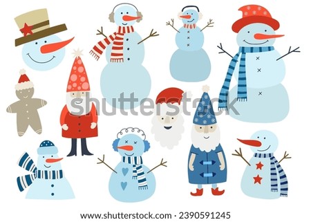 Set of Christmas vector illustrations of snowmen and santa in Scandinavian style. Christmas decorations set. Winter holiday elements