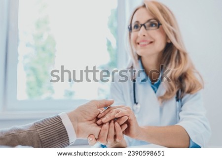 Helping hand concept. Doctor holding patient's hand. Trusting doctor nurse caregiver. Diagnosis, recuperation, healing. Hope in future. Cancer, psychological assistance help Royalty-Free Stock Photo #2390598651