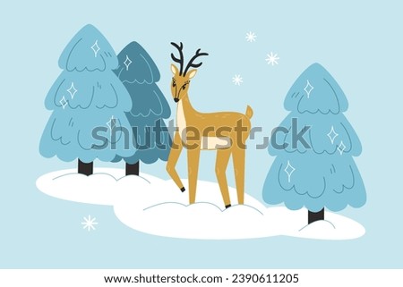 A deer stands among trees in a snowy forest in winter