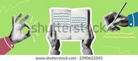 education is cool concept template design set with hand writing reading book ok gesture isolated on green background retro grunge dotted halftone vector cutout collage element Royalty-Free Stock Photo #2390623343