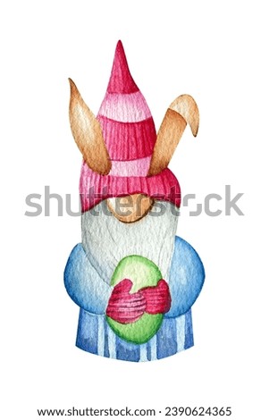 Watercolor clipart. Hand drawn Easter gnome holding an egg, isolated on a white background. Drawing, illustration. Happy Easter.