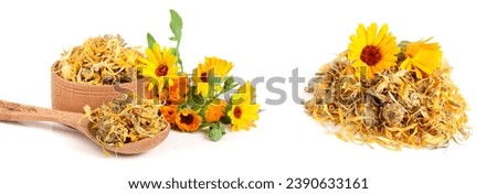 Fresh and dried calendula flowers in a wooden bowl isolated on white background. Marigold