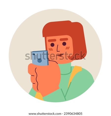 Smartphone woman caucasian bob hair 2D vector avatar illustration. Phone scrolling girl european cartoon character face. Mobile internet user flat color user profile image isolated on white