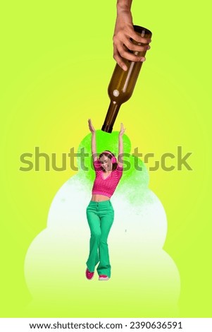 Vertical collage picture of big arm hold alcohol bottle mini cheerful girl dancing listen music headphones isolated on vivid green background