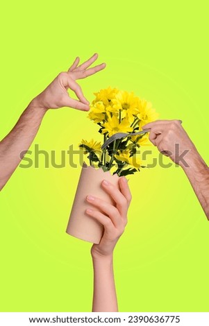 Photo collage artwork minimal picture of arms eating utensils flower pot cake isolated yellow green neon background