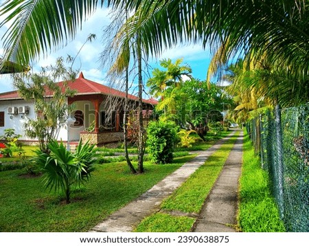 Seychelles, path in front of the bungalows of Anse Kerlan on the island of Praslin
