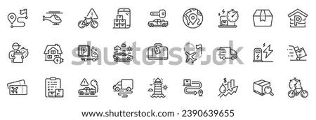 Icons pack as Bike timer, Helicopter and Home charging line icons for app include Delivery cart, Delivery online, Car travel outline thin icon web set. Package box, Charging station. Vector