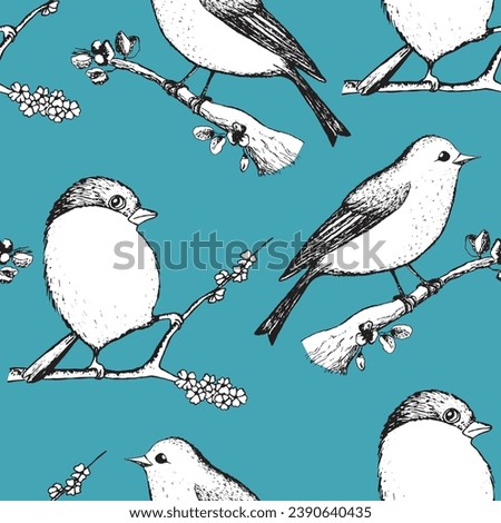 Seamless pattern with funny redbreast birds, flowers, leaves. Flat vector illustration with cartoon bird silhouette. Cute characters. Design for invitation, poster, card, textile, fabric.