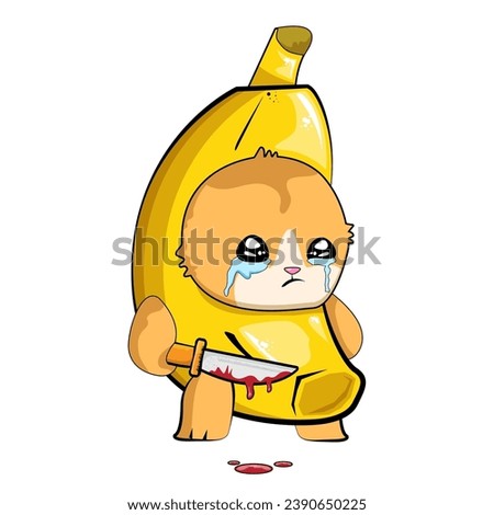 Banana Cat holding bloody knife vector isolated on white background. Funky Sad banana cat meme with knife cartoon vector sticker, label and icon for printing on t shirt. Halloween funky illustration