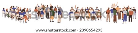 Crowd of people sitting and standing in audience. Rear view of academic auditorium, fan audience, people crowd. Set of spectators backs. Backside of people characters. Men women on concert or festival Royalty-Free Stock Photo #2390654293