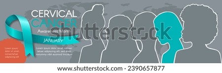 Long horizontal Banner for Cervical Cancer Awareness Month. Diverse women`s silhouettes, text, and a teal ribbon. Modern flat vector illustration