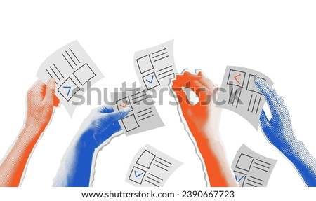 The election voting process, bidding, hands raised up with papers. Sale and buy concept in retro collage halftone style. Isolated vector illustration. Royalty-Free Stock Photo #2390667723