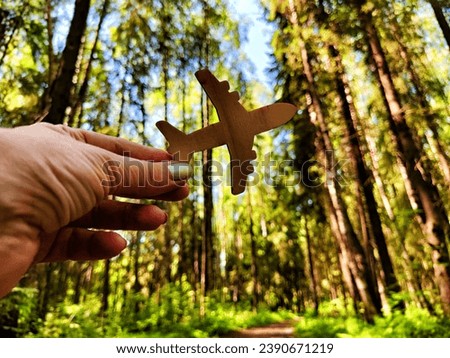 Hand holding toy wooden airplane plane and trees in forest background. The concept of flying on airplane, travel, leisure, adventure. Blurred picture, partial focus