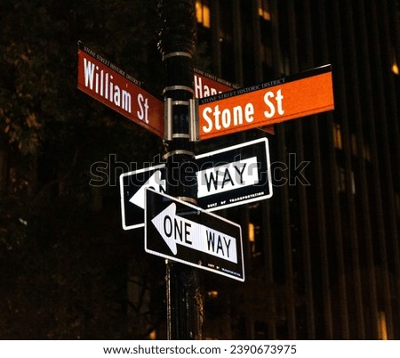 Street Signs Illuminated by a Pole Against the Night Sky in New York City.