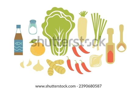 Fresh raw ingredients for kimchi making. Horizontal flat vector illustration isolated on white background. Royalty-Free Stock Photo #2390680587