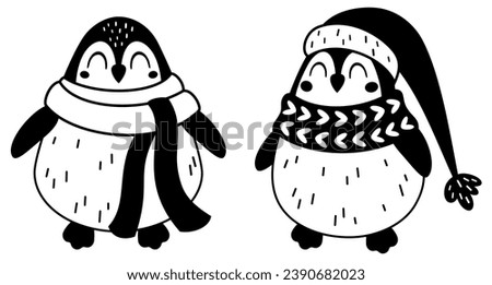 Black and white Christmas penguins clipart in cartoon flat style. Winter penguin doodle