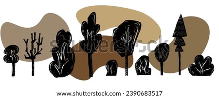 Trees and bushes hand carved linocut vector set on white background with abstract shapes in autumn colors. Collection of folk art style woodland clip art. 