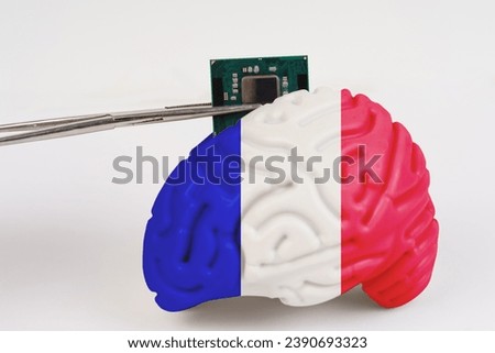 On a white background, a model of the brain with a picture of a flag - France, a microcircuit, a processor, is implanted into it. Close-up
