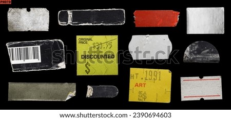 collection of blank old sticker, label, price tag template for mockup. isolated dirty, ripped, half peeled stickers	 Royalty-Free Stock Photo #2390694603