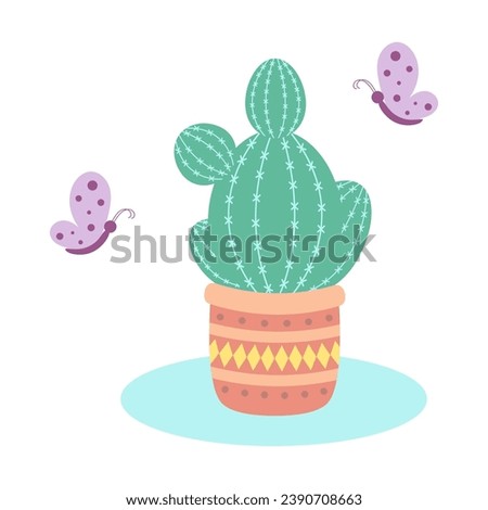 cute cartoon cactus, plan in pot with ornament, flat vector illustration with cactus and butterflies