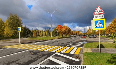 There is a sidewalk and paved road with markings and parked cars along the city park and buildings. There is a crosswalk across the road marked with signs. In the autumn, the trees have yellow foliage