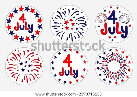 4th of July stickers set for celebrate American independent day. Vector hand drawn firework and star illustration in blue and red color. Simple doodle style clip art