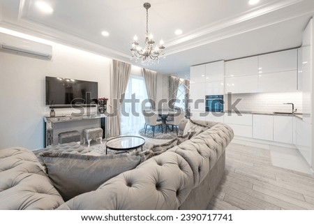 Modern Living Room Interior. Dining Table and Kitchen in Background. Luxury Furniture. TV Screen, Curtains and Sofa. Windows