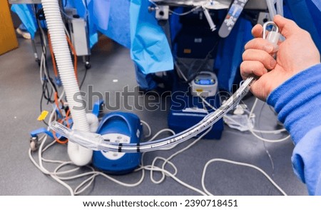medical equipment for airway management, endotracheal tubes, oral airways, and masks in a hospital setting Royalty-Free Stock Photo #2390718451