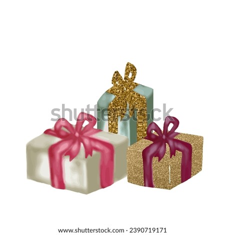 Christmas gift with bow clip art. Watercolor vector hand drawn illustration for holiday design of card,tag or invite