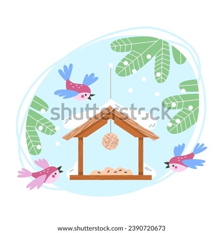Flock of birds in flight with open wings at feeder with seeds against backdrop of coniferous trees in city park or forest. Cute baby vector illustration on blue background in cartoon style.