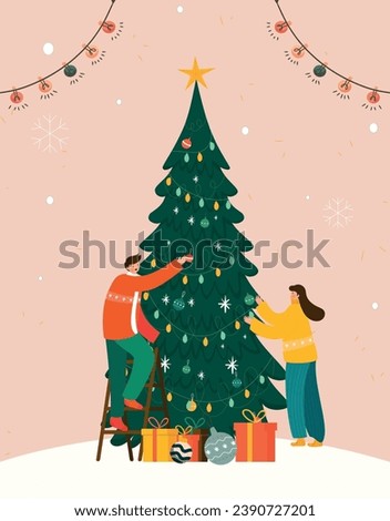 Merry Christmas greeting card. Vector illustration in trendy flat style of two people decorating Christmas tree.