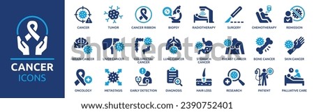 Cancer icon set. Containing tumor, oncology, chemotherapy, biopsy, radiotherapy, ribbon, breast cancer, remission and more. Vector solid icons collection. Royalty-Free Stock Photo #2390752401