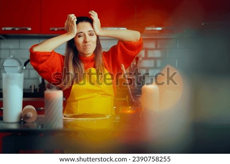 
Stressed Woman Having to make Holiday Meals. Stressed party host making mistakes with the menu planning
