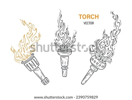 Outline Torch silhouette icon Vector set. Flaming torch logo. Fire Flame sign.