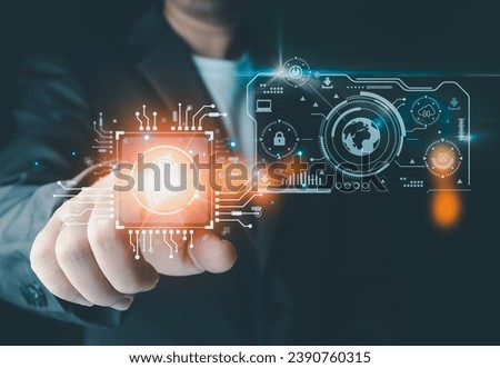 Businessman is showing concept of future technology and internet connection network with AI as controller. A graphic floated in the air on his hand. Royalty-Free Stock Photo #2390760315
