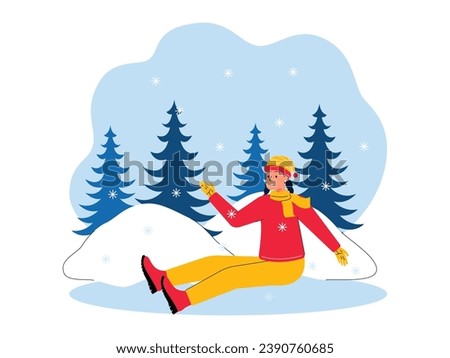 Girls playing in the park when it snows, having fun winter holidays, vector illustration.