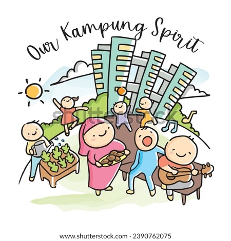 Neighbourhood togetherness vector illustration. Residential blocks neighbours having gathering, events, bonding. Text: Our Kampung Spirit Royalty-Free Stock Photo #2390762075