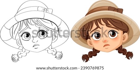 Vector cartoon illustration of a sad girl with braids, wearing a hat, ready for coloring