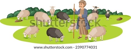 A shepherd villager takes care of a large flock of sheep in a beautiful outdoor setting Royalty-Free Stock Photo #2390774031