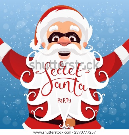 Secret Santa character with white beard and black mask vector poster of Christmas gift giving party invitation. Cartoon Santa Claus personage, Merry Xmas and happy winter holidays invite card