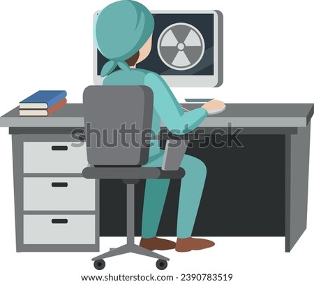 A scientist studying radioactive materials using a computer on a desk