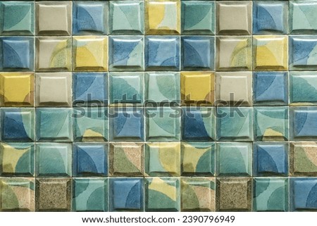 Colorful vintage ceramic tiles wall decoration. mosaic tiles, ceramic tiles wall background Royalty-Free Stock Photo #2390796949