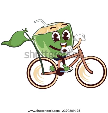 mascot character coconut drink with straw with funny face cycling, isolated cartoon vector illustration. emoticon, cute coconut mascot