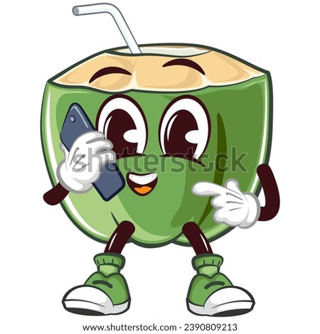 coconut drink character mascot with straw with funny face communicating by cellphone, isolated cartoon vector illustration. emoticon, cute coconut mascot